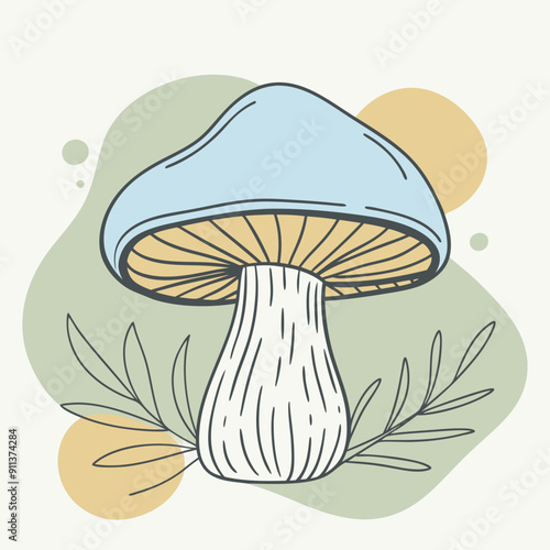 Vector Illustration of Autumn Mushroom Amid Blue, Olive, and Orange Spots Background. Creative Nature Design Featuring Colorful Fungi in Seasonal Setting with Fall Hues, Perfect for Seasonal Themes 