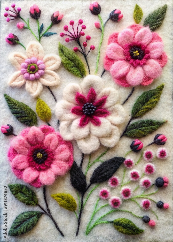 Sample, white bacground. Wool painting. Very big and small flowers.. ,pink , black white. species Sample, white bacground. Wool painting. Very big and small flowers.. ,pink , black white. species