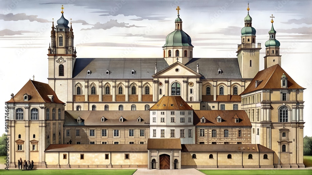 Naklejka premium Heiligenkreuz Abbey: A Tapestry of Time - The Exterior and Interior of a Medieval Masterpiece Generative AI