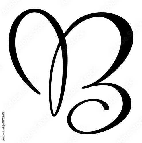 Hand drawn vector calligraphy love letter B. Script capital font logo. Handwritten brush style flourish. Vintage heart monogram. element Valentine flourish. sign for page decoration design