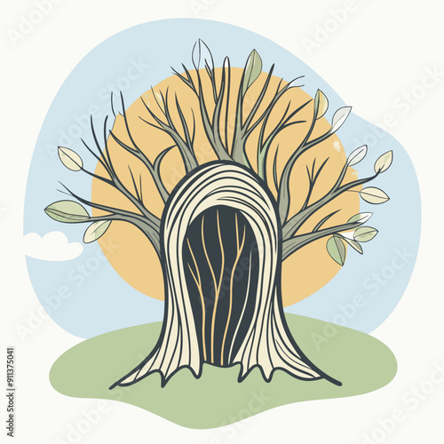 Seasonal Vector Illustration: Blue, Olive, and Orange Color Splashes Surrounding Tree Hollow, Evoking Autumnal Elegance and Nature's Beauty. Creative Design Concept for Fall Art Projects and Seasonal 