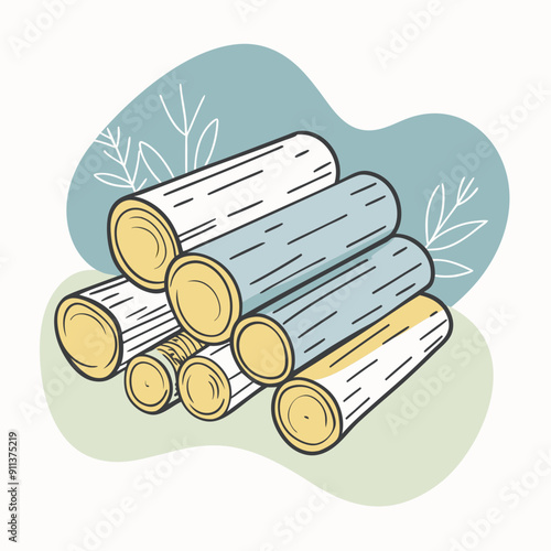 Colorful Autumn Vector Illustration Featuring Blue, Olive, and Orange Splashes, Depicting Wood Logs Against Seasonal Background. Vibrant Fall Concept for Design and Creative Projects