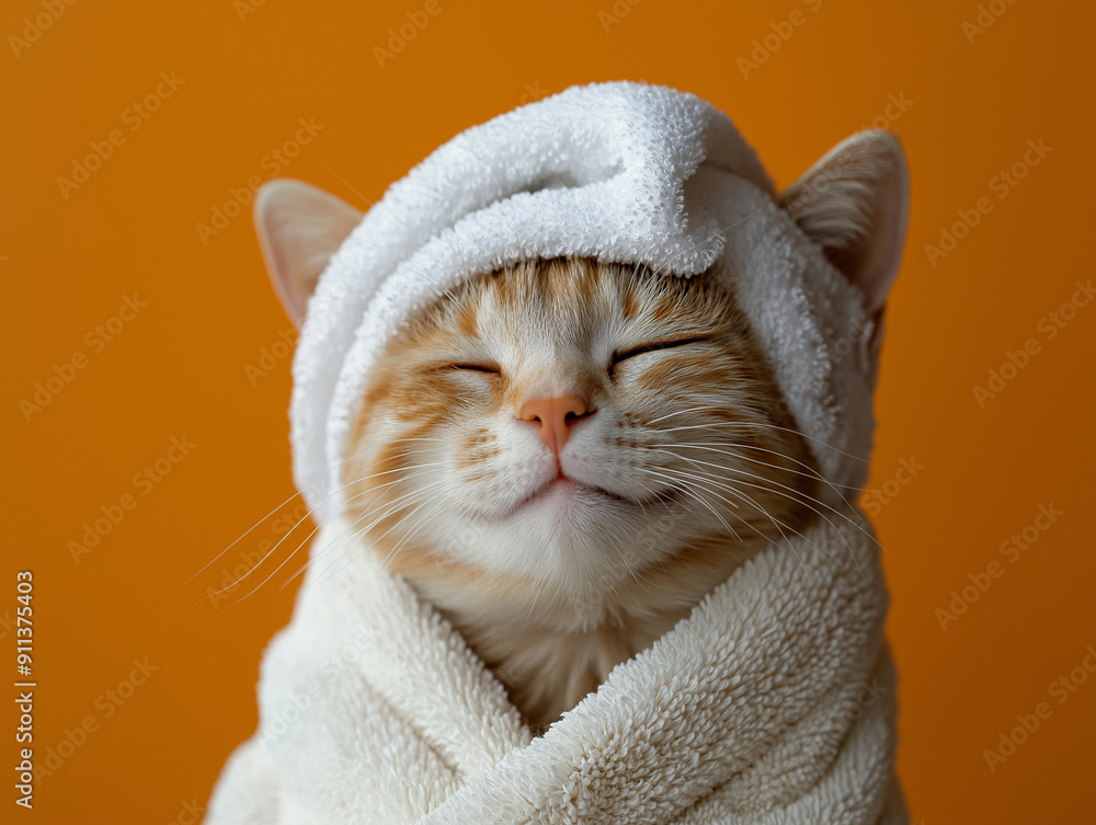 Cat having spa treatments in a bathrobe on a yellow background Cat having spa treatments in a bathrobe on a yellow background