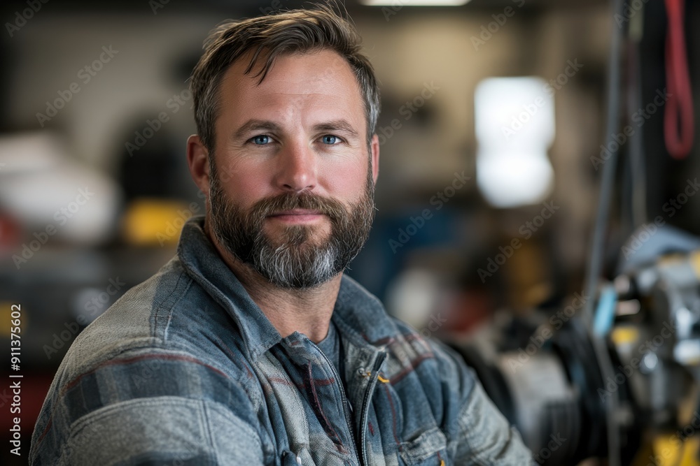 A mature worker wearing a plaid jacket stands smiling in a factory setting, resting against machinery. The background is filled with industrial elements and equipment.