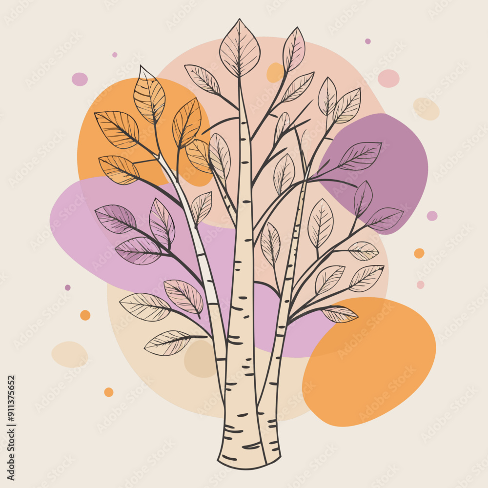 Autumn Linear Illustration Featuring a Cozy Scene with Fall Tree, Blackberries, and Colorful Pink, Orange, and Purple Patterns Evoking Warmth and Comfort Autumn Linear Illustration Featuring a Cozy Scene with Fall Tree, Blackberries, and Colorful Pink, Orange, and Purple Patterns Evoking Warmth and Comfort