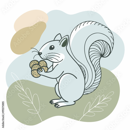 Vector illustration of an autumn scene featuring a squirrel with nuts on a vibrant background of blue, olive, and orange watercolor splashes. Ideal for fall season designs, nature themes, and seasonal