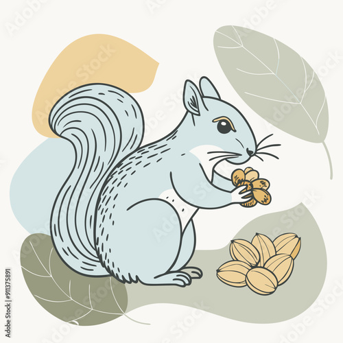 Vector illustration of an autumn scene featuring a squirrel with nuts on a vibrant background of blue, olive, and orange watercolor splashes. Ideal for fall season designs, nature themes, and seasonal