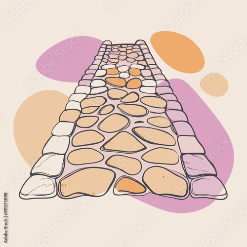 Autumn Illustration with Linear Drawing of a Stone Pathway on a Background of Pink, Orange, and Purple Color Patches. Warm and Cozy Hand-Drawn Fall Artwork, Perfect for Seasonal Decorations and Nature