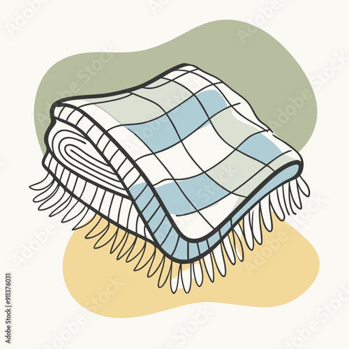 Vector Illustration of a Cute Plaid Scarf Against a Background of Vibrant Blue, Olive, and Orange Color Splashes. Perfect for Autumn-Themed Designs, Seasonal Decorations, and Cozy Fall Concepts.