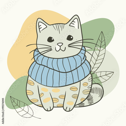 Vector Illustration of Cute Autumn Cat Wearing a Knitted Scarf with Vibrant Blue, Olive, and Orange Color Splashes in the Background. Ideal for Seasonal Decorations, Cozy Fall-Themed Designs, and Warm