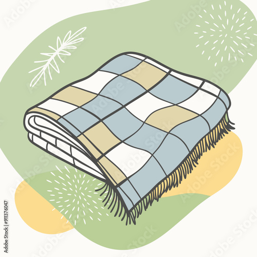 Vector Illustration of a Cute Plaid Scarf Against a Background of Vibrant Blue, Olive, and Orange Color Splashes. Perfect for Autumn-Themed Designs, Seasonal Decorations, and Cozy Fall Concepts.