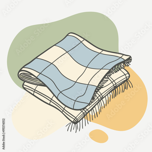 Vector Illustration of a Cute Plaid Scarf Against a Background of Vibrant Blue, Olive, and Orange Color Splashes. Perfect for Autumn-Themed Designs, Seasonal Decorations, and Cozy Fall Concepts.