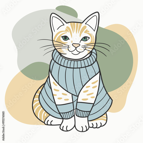 Vector Illustration of Cute Autumn Cat Wearing a Knitted Scarf with Vibrant Blue, Olive, and Orange Color Splashes in the Background. Ideal for Seasonal Decorations, Cozy Fall-Themed Designs, and Warm