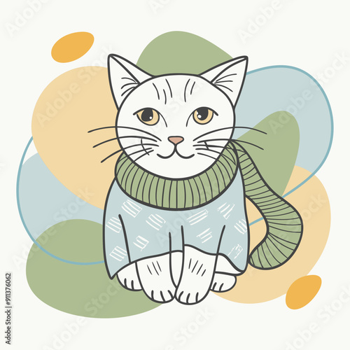 Vector Illustration of Cute Autumn Cat Wearing a Knitted Scarf with Vibrant Blue, Olive, and Orange Color Splashes in the Background. Ideal for Seasonal Decorations, Cozy Fall-Themed Designs, and Warm