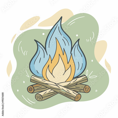 Vector illustration of autumn theme with a campfire on a colorful background of blue, olive, and orange watercolor splashes. Cozy fall evening by the fire outdoor concept, perfect for seasonal designs