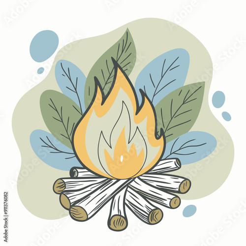 Vector illustration of autumn theme with a campfire on a colorful background of blue, olive, and orange watercolor splashes. Cozy fall evening by the fire outdoor concept, perfect for seasonal designs