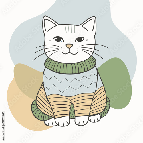 Vector Illustration of Cute Autumn Cat Wearing a Knitted Scarf with Vibrant Blue, Olive, and Orange Color Splashes in the Background. Ideal for Seasonal Decorations, Cozy Fall-Themed Designs, and Warm