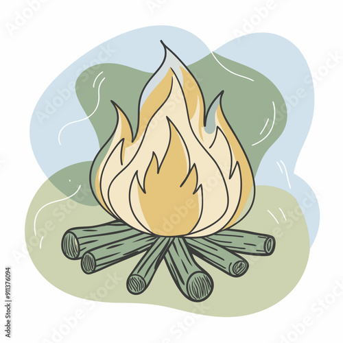 Vector illustration of autumn theme with a campfire on a colorful background of blue, olive, and orange watercolor splashes. Cozy fall evening by the fire outdoor concept, perfect for seasonal designs