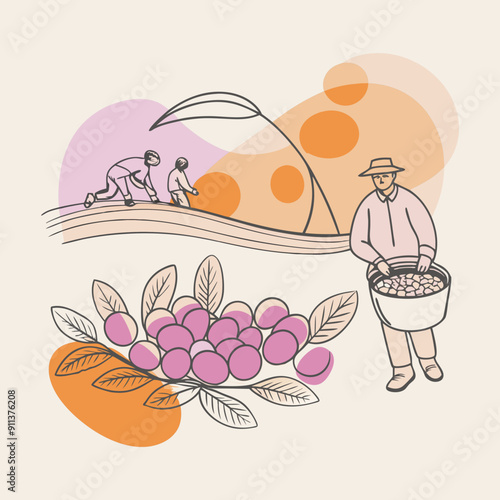 Harvest Gathering in Autumn: Illustration with Linear Drawing Against Pink, Orange, and Purple Color Spots, Evoking Warmth and Coziness