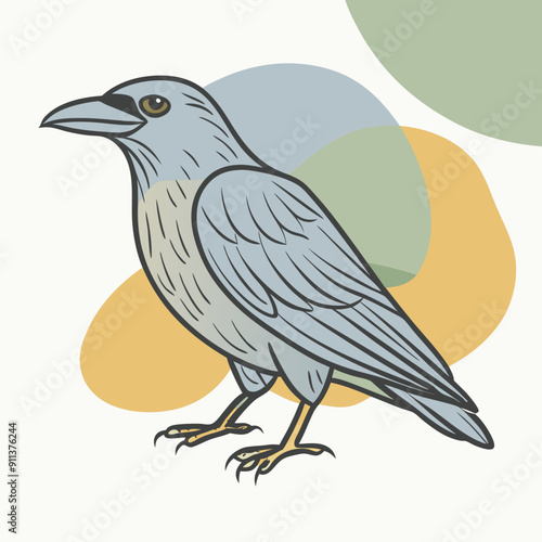 Vector Illustration of Autumn Scene with Crow Set Against Vibrant Blue, Olive, and Orange Color Splashes. Perfect for Seasonal Decorations, Fall-Themed Designs, and Nature-Inspired Artworks. Cozy and 