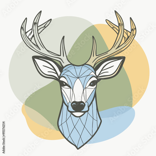 Vector Illustration Featuring Autumn Theme with Deer Amidst Vibrant Blue, Olive, and Orange Color Splashes. Evoking Cozy Fall Outdoor Scenes Perfect for Seasonal Decorations and Nature-Inspired Design