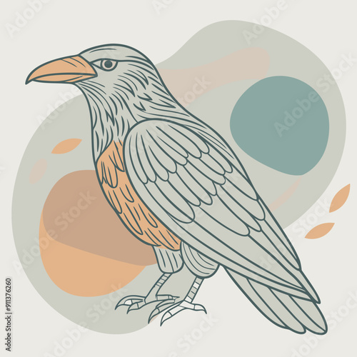 Vector Illustration of Autumn Scene with Crow Set Against Vibrant Blue, Olive, and Orange Color Splashes. Perfect for Seasonal Decorations, Fall-Themed Designs, and Nature-Inspired Artworks. Cozy and 