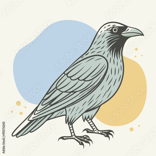 Vector Illustration of Autumn Scene with Crow Set Against Vibrant Blue, Olive, and Orange Color Splashes. Perfect for Seasonal Decorations, Fall-Themed Designs, and Nature-Inspired Artworks. Cozy and 