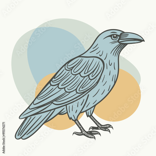 Vector Illustration of Autumn Scene with Crow Set Against Vibrant Blue, Olive, and Orange Color Splashes. Perfect for Seasonal Decorations, Fall-Themed Designs, and Nature-Inspired Artworks. Cozy and 