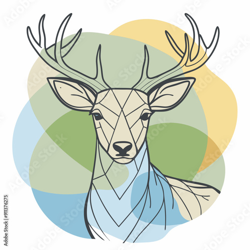 Vector illustration of a majestic deer on a colorful autumn-themed background with blue, olive, and orange watercolor splashes. Perfect for fall season decorations, wildlife designs, and nature-inspir