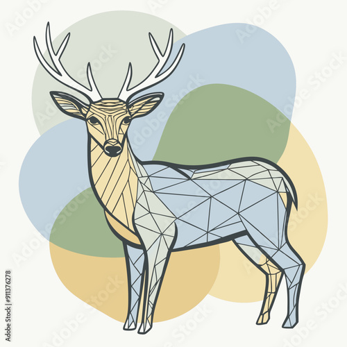 Vector illustration of a majestic deer on a colorful autumn-themed background with blue, olive, and orange watercolor splashes. Perfect for fall season decorations, wildlife designs, and nature-inspir