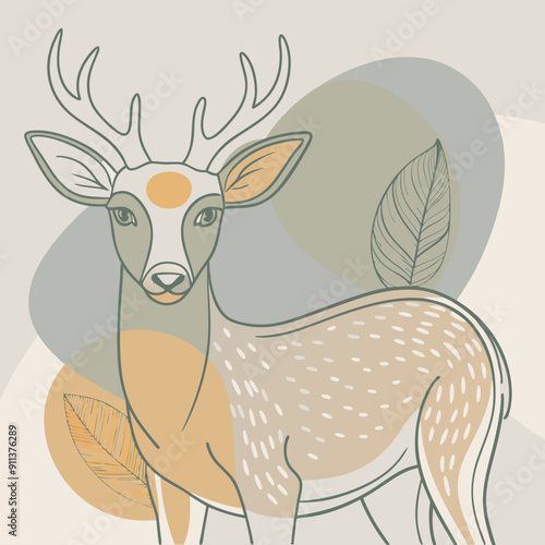 Vector Illustration Featuring Autumn Theme with Deer Amidst Vibrant Blue, Olive, and Orange Color Splashes. Evoking Cozy Fall Outdoor Scenes Perfect for Seasonal Decorations and Nature-Inspired Design