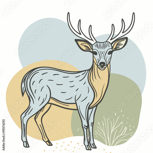Vector illustration of a majestic deer on a colorful autumn-themed background with blue, olive, and orange watercolor splashes. Perfect for fall season decorations, wildlife designs, and nature-inspir