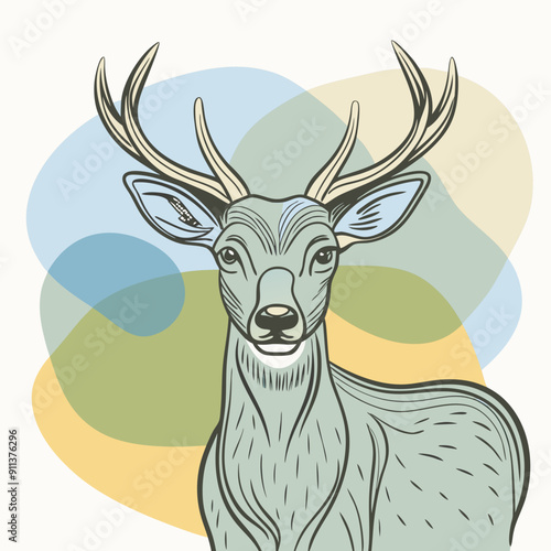 Vector illustration of a majestic deer on a colorful autumn-themed background with blue, olive, and orange watercolor splashes. Perfect for fall season decorations, wildlife designs, and nature-inspir