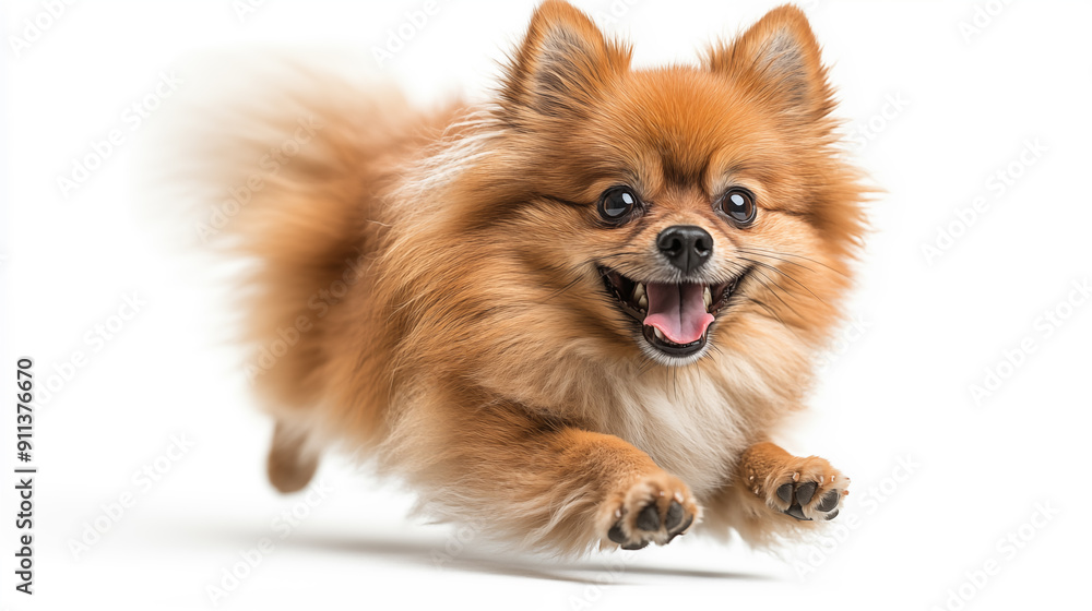 Pomeranian dog jumping isolated on white background. Studio shot. Pomeranian dog jumping isolated on white background. Studio shot.