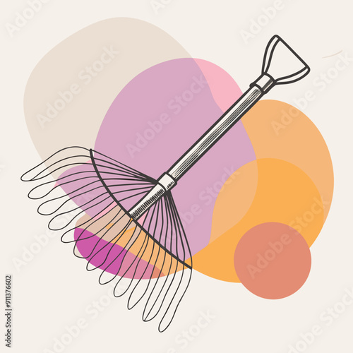 Autumn Illustration with Linear Drawing of a Rake for Collecting Leaves on a Background of Pink, Orange, and Purple Color Patches. Warm and Cozy Hand-Drawn Fall Artwork, Ideal for Seasonal Gardening 