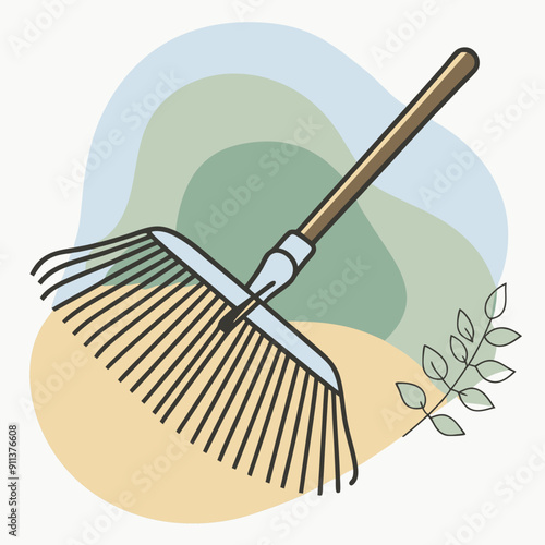 Vector illustration of autumn season with rake for gathering leaves on a colorful background of blue, olive, and orange watercolor splashes. Perfect for seasonal designs and fall-themed decorations