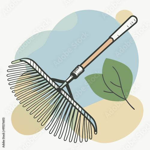 Vector illustration of autumn season with rake for gathering leaves on a colorful background of blue, olive, and orange watercolor splashes. Perfect for seasonal designs and fall-themed decorations
