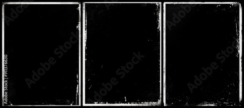 Three blank grunge paper texture poster with white borders. Black grunge background overlay.