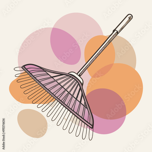 Autumn Illustration with Linear Drawing of a Rake for Collecting Leaves on a Background of Pink, Orange, and Purple Color Patches. Warm and Cozy Hand-Drawn Fall Artwork, Ideal for Seasonal Gardening 