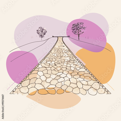 Autumn Illustration with Linear Drawing of a Stone Pathway on a Background of Pink, Orange, and Purple Color Patches. Warm and Cozy Hand-Drawn Fall Artwork, Perfect for Seasonal Decorations and Nature