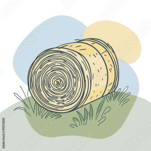 Autumn-themed vector illustration featuring a haystack on a background of colorful blue, olive, and orange splotches. Cozy fall art for seasonal décor, nature-inspired designs, and rustic autumn decor