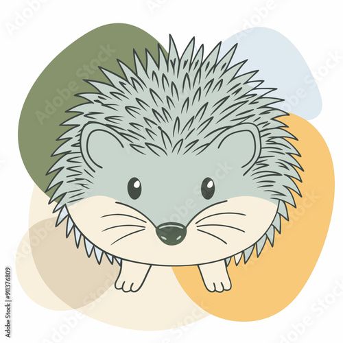 Autumn-themed vector illustration of a cute hedgehog on a background of colorful splotches in blue, olive, and orange colors. Cozy seasonal cartoon art for fall decor and nature-inspired designs.