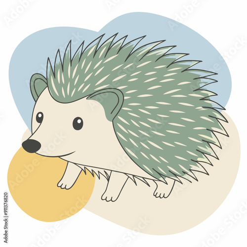Autumn-themed vector illustration of a cute hedgehog on a background of colorful splotches in blue, olive, and orange colors. Cozy seasonal cartoon art for fall decor and nature-inspired designs.