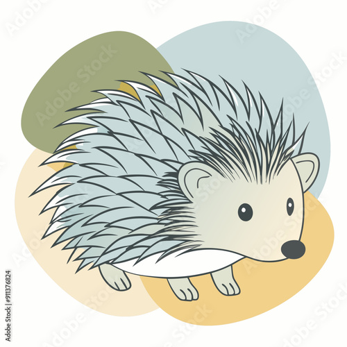 Autumn-themed vector illustration of a cute hedgehog on a background of colorful splotches in blue, olive, and orange colors. Cozy seasonal cartoon art for fall decor and nature-inspired designs.