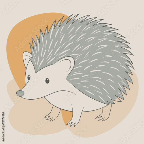 Autumn-themed vector illustration of a cute hedgehog on a background of colorful splotches in blue, olive, and orange colors. Cozy seasonal cartoon art for fall decor and nature-inspired designs.