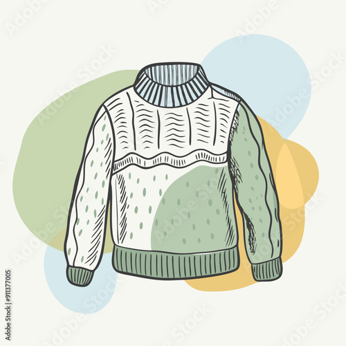 Vector illustration of cozy autumn scene with warm knitted sweater in blue, olive, and orange colors. Fall season fashion and hygge comfort cozy lifestyle design. Perfect for seasonal greetings 