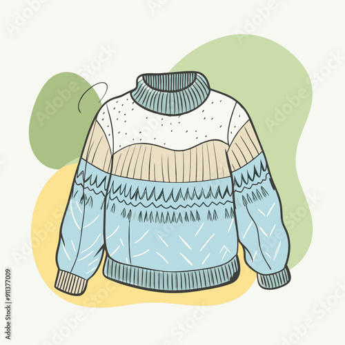 Vector illustration of cozy autumn scene with warm knitted sweater in blue, olive, and orange colors. Fall season fashion and hygge comfort cozy lifestyle design. Perfect for seasonal greetings 