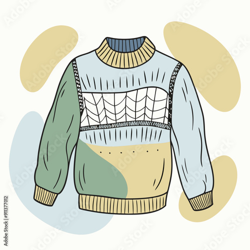 Vector illustration of cozy autumn scene with warm knitted sweater in blue, olive, and orange colors. Fall season fashion and hygge comfort cozy lifestyle design. Perfect for seasonal greetings 