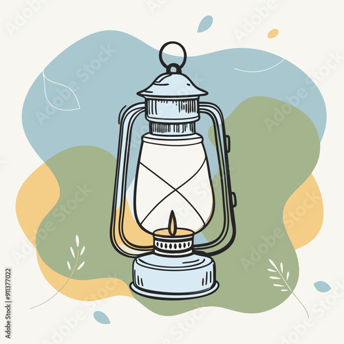 Vector illustration of an autumn-themed lantern on a vibrant background with blue, olive, and orange splashes. Perfect for seasonal designs, cozy fall decorations, and atmospheric autumn compositions