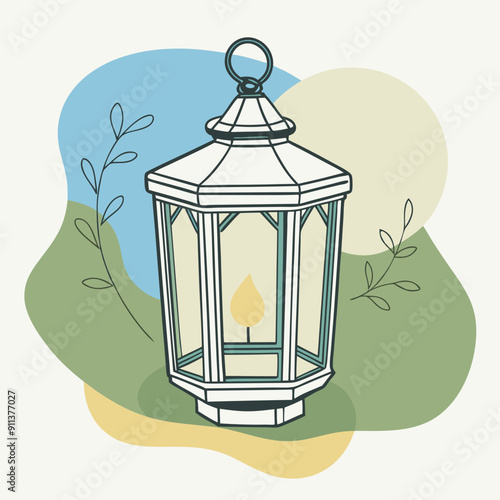Vector illustration of an autumn-themed lantern on a vibrant background with blue, olive, and orange splashes. Perfect for seasonal designs, cozy fall decorations, and atmospheric autumn compositions
